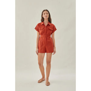 Shirt Linen Romper Button Up Folded Short Sleeve Collared Poppy Red S